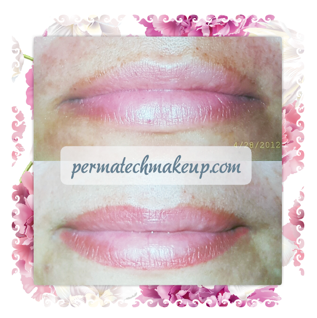 Before and after photos of lip blushing, showing darker, uneven lip color changed to a lighter, even pink.