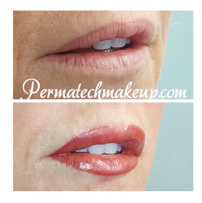 Before and after lip enhancement. Top: natural lips. Bottom: red, glossy lips.