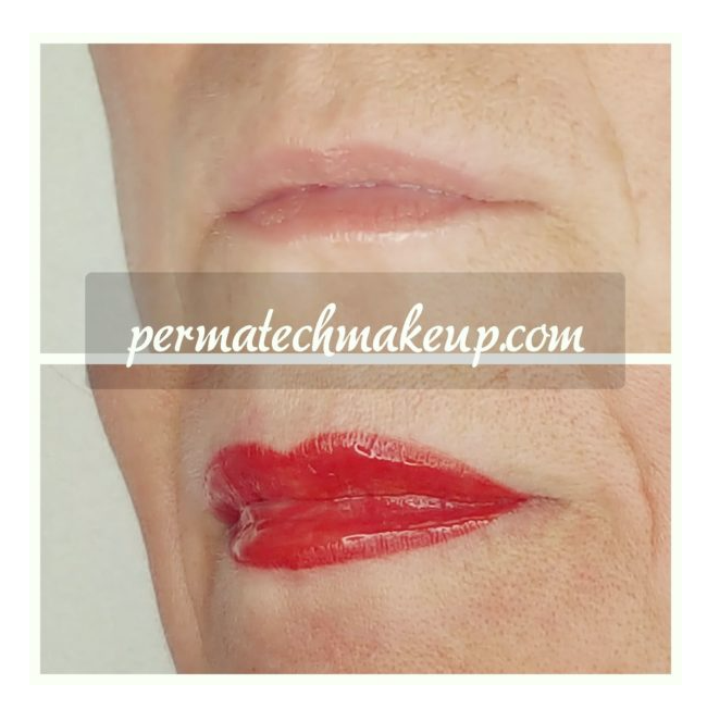 Before and after of lip blushing, showing pale lips transformed to a red, glossy look.