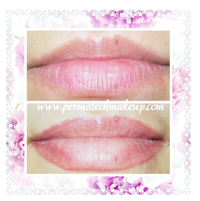 Comparison of lips: before and after lip blushing. Top: pale, lined lips. Bottom: defined pink lips.