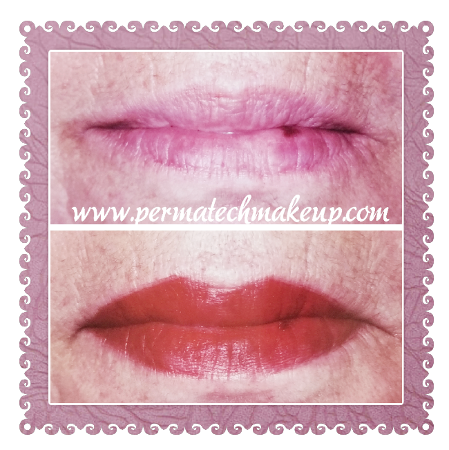 Top: faded pink lips. Bottom: red lip color, both in a purple-edged box.
