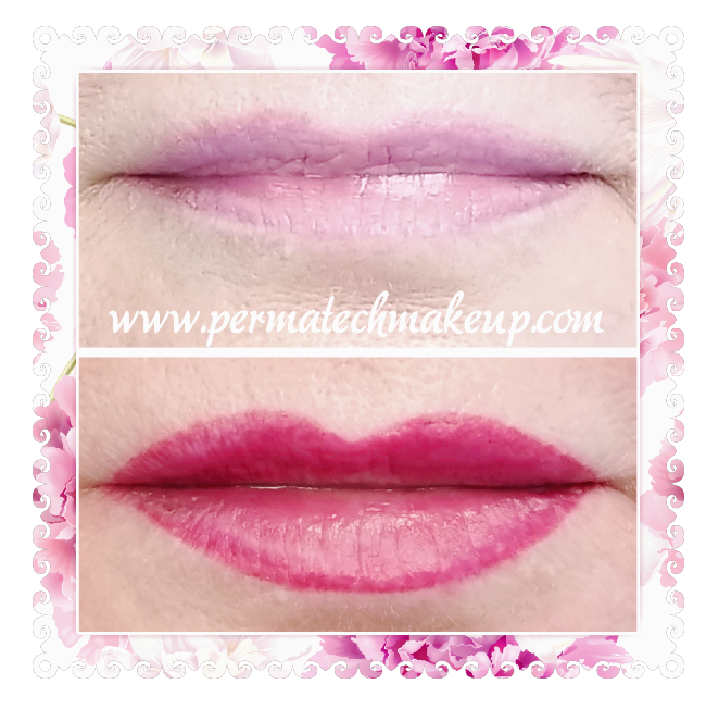 Before and after lip blush: top, faded purple lips; bottom, bright pink, defined lips.