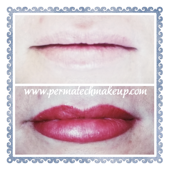 Before/after permanent lip makeup: top shows pale lips, bottom shows red, fuller lips.