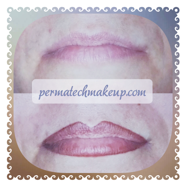 Lips before and after permanent makeup application, with pink pigment.