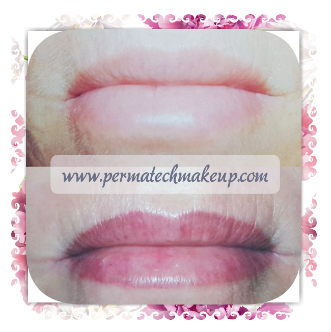 Before and after lip blushing: pale upper lip transforms to a defined, pink hue.
