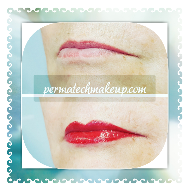 Comparison of lip color before (pale pink) and after (bright red) permanent makeup.