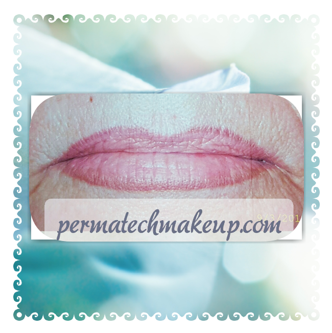 Lip blushing treatment on lips with pinkish pigment, with website overlay.
