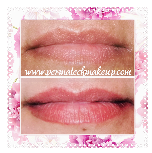 Before and after photos of lips; top lip is pale, bottom lip is rosy with permanent makeup.