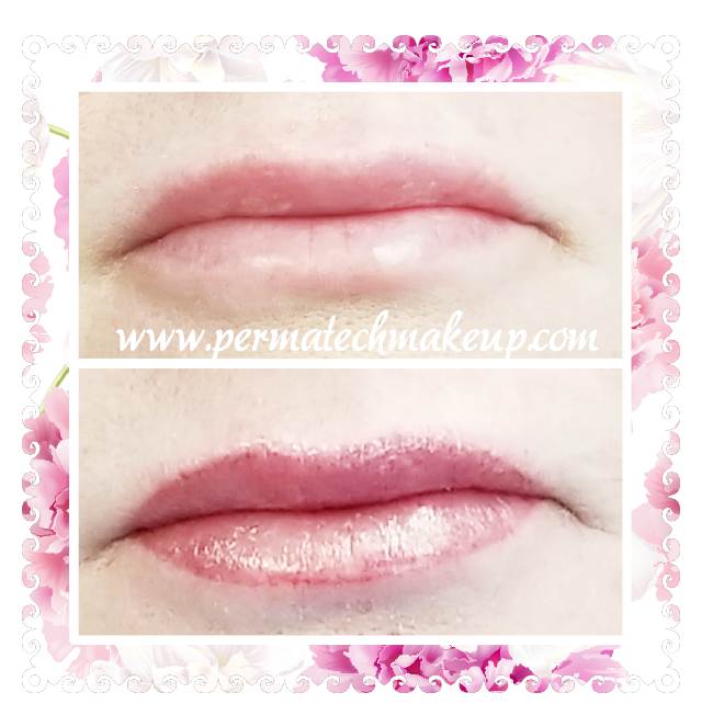 Before and after lip blushing: upper lips appear pale, then enhanced with pink permanent makeup.