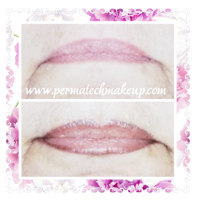 Before and after permanent lip makeup, enhancing color and shape.