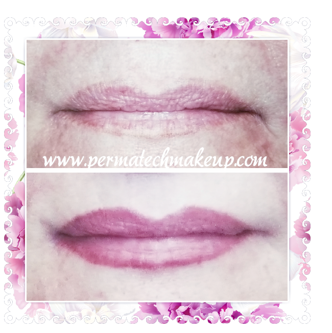 Before and after photos of lips with permanent makeup. Top shows faded lips, bottom displays enhanced color and shape.