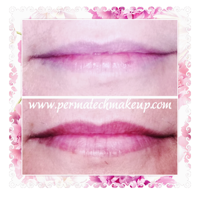 Before and after photos of lip blushing, showing pale lips transformed into full, pink lips.