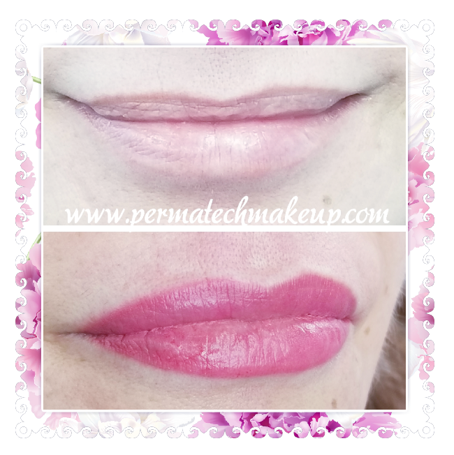 Before-and-after of lip permanent makeup. Top: pale pink lips. Bottom: bright pink, glossy lips.