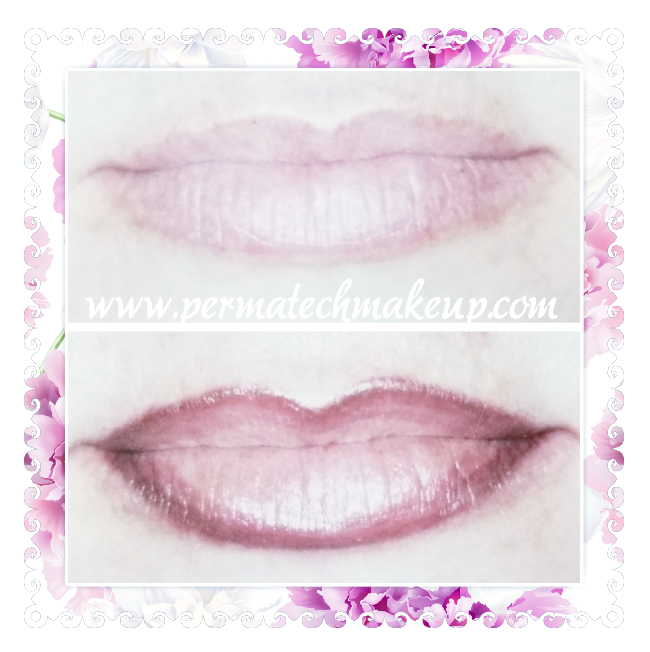 Two images of lips before and after lip blushing. The top lip is pale pink, the bottom is a darker pink.