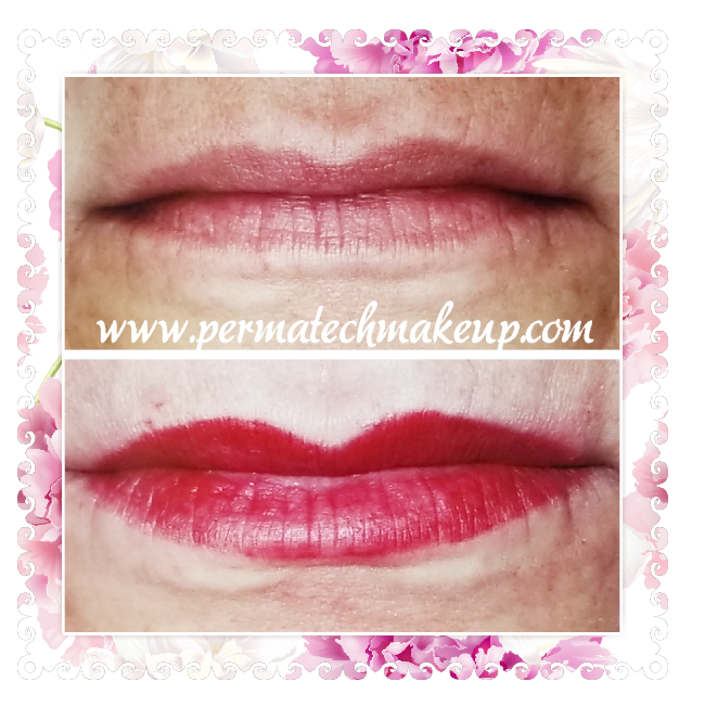 Before and after lip makeup: faded lips before, vibrant red lips after.