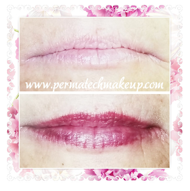 Before and after photos of lips; top lip is pale, bottom is a bright berry color.