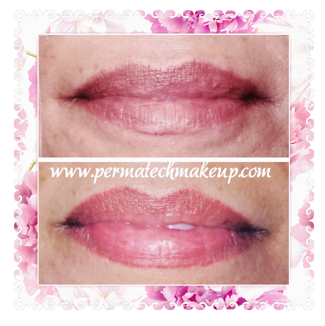 Before and after photos of lip enhancement using permanent makeup. Lips are fuller and colored in the after photo.