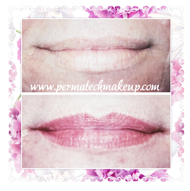 Before and after of lip blush permanent makeup application. Bottom lip has pink pigment.