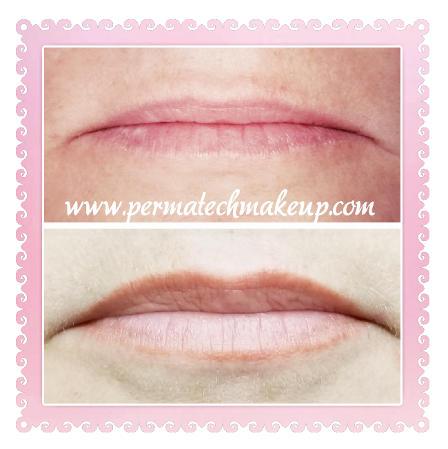 Before and after lip permanent makeup. Top: thin, pale lips. Bottom: lined lips with color.