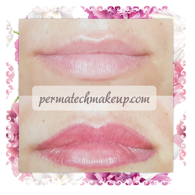 Before and after lip blush: top, uncolored lips; bottom, pink, defined lips.