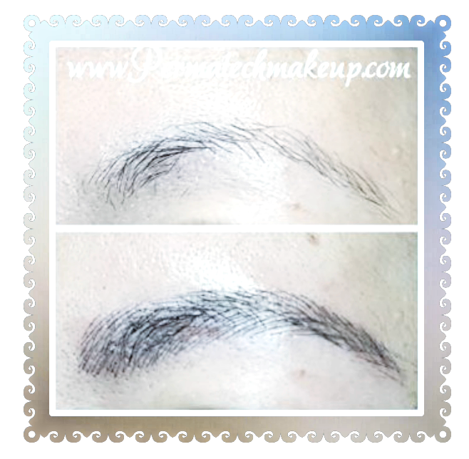 Eyebrow comparison: top shows sparse brows, bottom shows filled-in, defined brows.