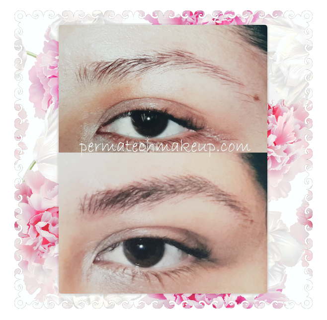 Two close-up views of an eye and eyebrow; before and after permanent makeup.