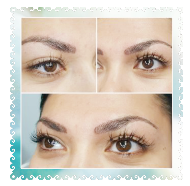 Three views of an individual's eyebrows, before and after a cosmetic procedure, with darker, fuller brows.