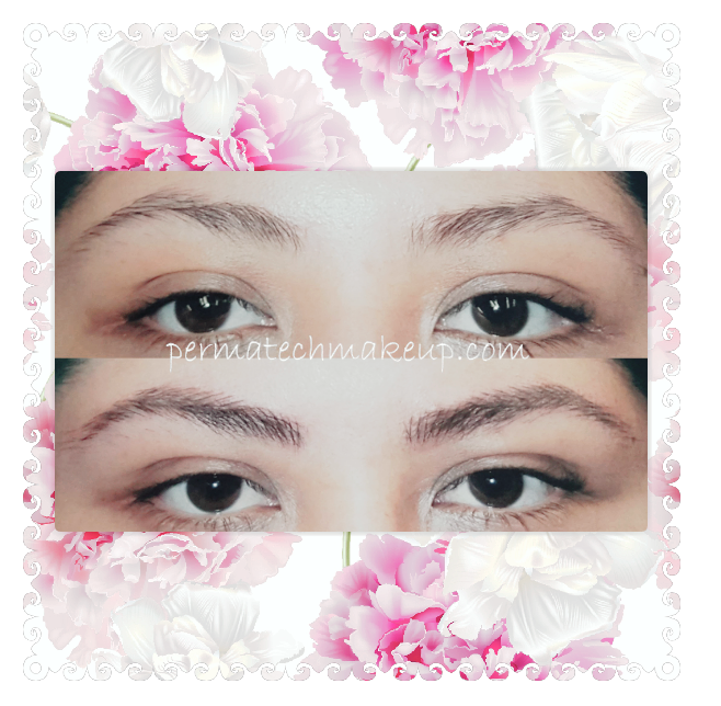 Before-and-after of eyebrows; top shows sparse brows, bottom shows filled-in brows with a floral border.