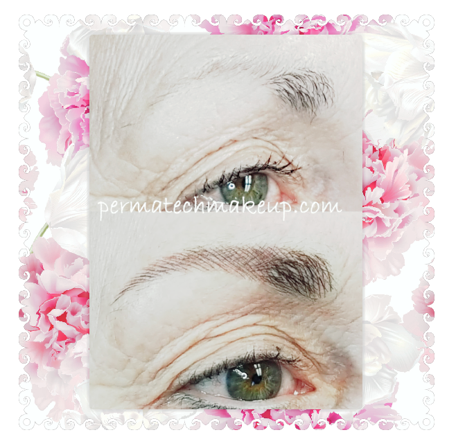 Before and after of eye and brow enhancement, light brown brow, green eye.