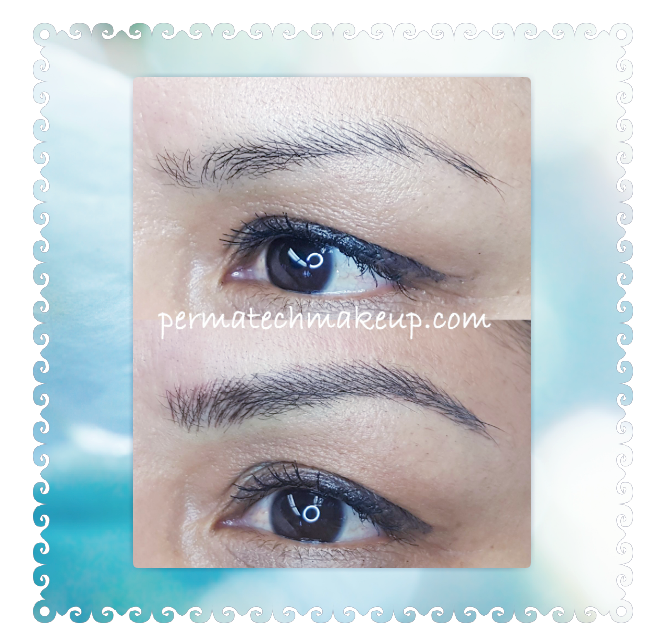 Before and after permanent makeup on eyebrows and eyeliner; light blue background.