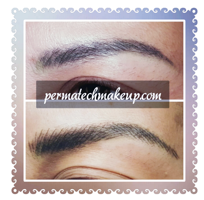 Before and after of tattooed eyebrows; dark pigment, subtle arches.