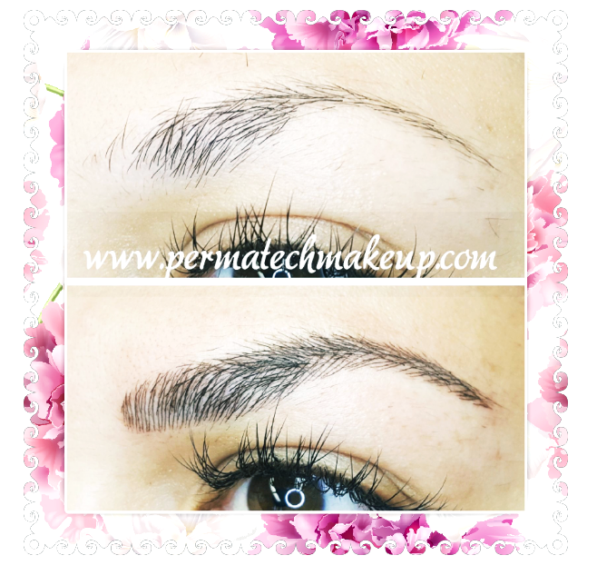 Eyebrow transformation: Sparse eyebrows before, fuller brows with semi-permanent makeup after.