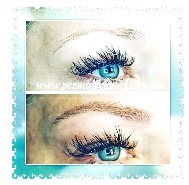 Comparison of eyes with and without permanent eyebrow makeup, light blue eyes, long lashes.