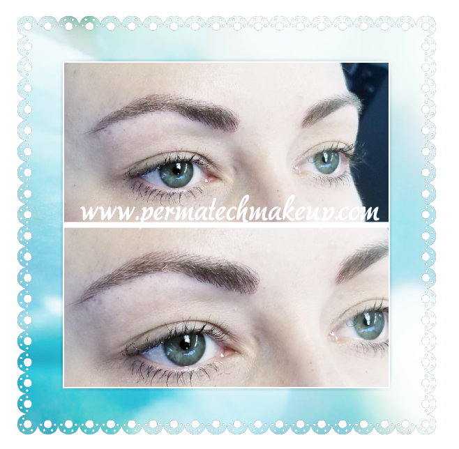 Eyebrow microblading before and after close-up on woman's eyes. Light brown, arched brows. Green eyes, light skin.