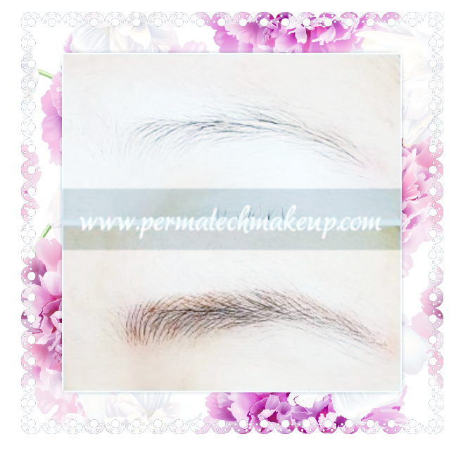 Eyebrow tattoo before and after close-up, illustrating the permanent makeup process.