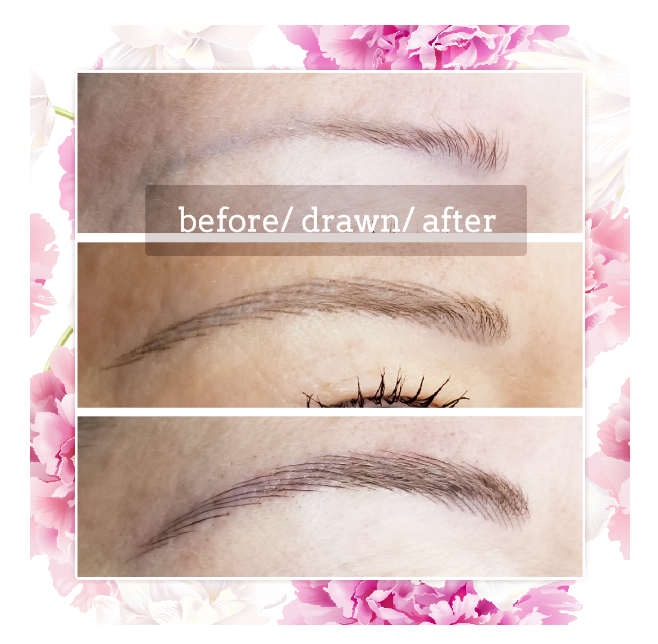 Eyebrow enhancement: Before, drawn, and after views of tattooed eyebrows, framed by pink flowers.