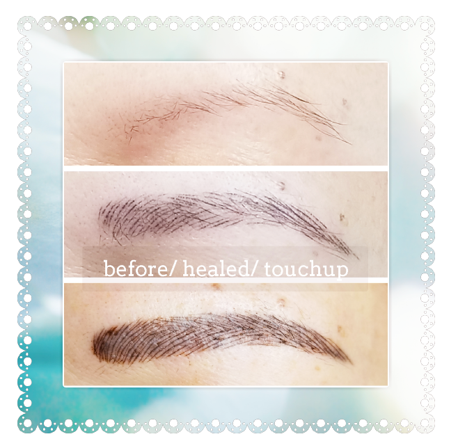 Eyebrow transformation: Before, healed, and touchup stages. Dark brown brows, demonstrating the procedure's progression.