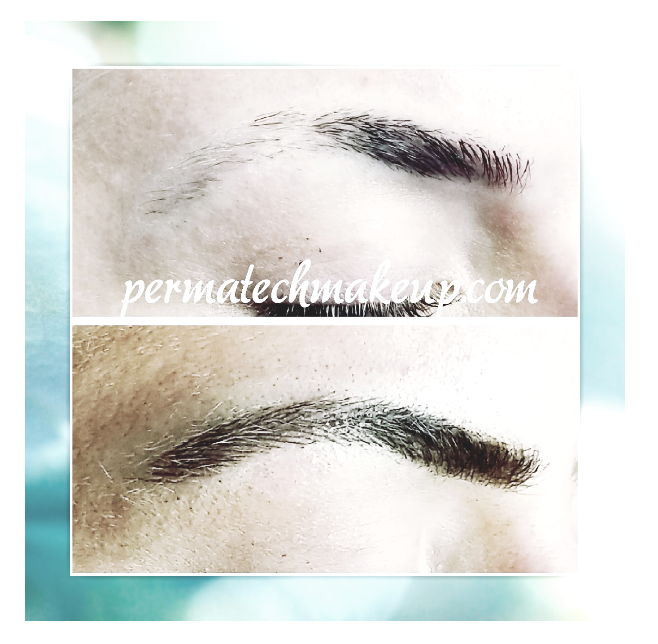 Two eyebrows: one sparse, the other with filled-in, dark hair. Comparison showing before and after permanent makeup.