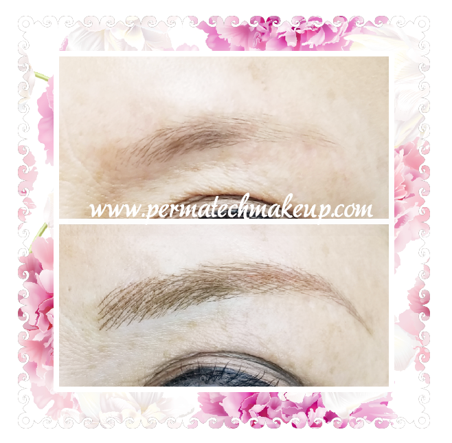 Two brows, before and after permanent makeup. Top brow is faded, bottom brow is enhanced with color.