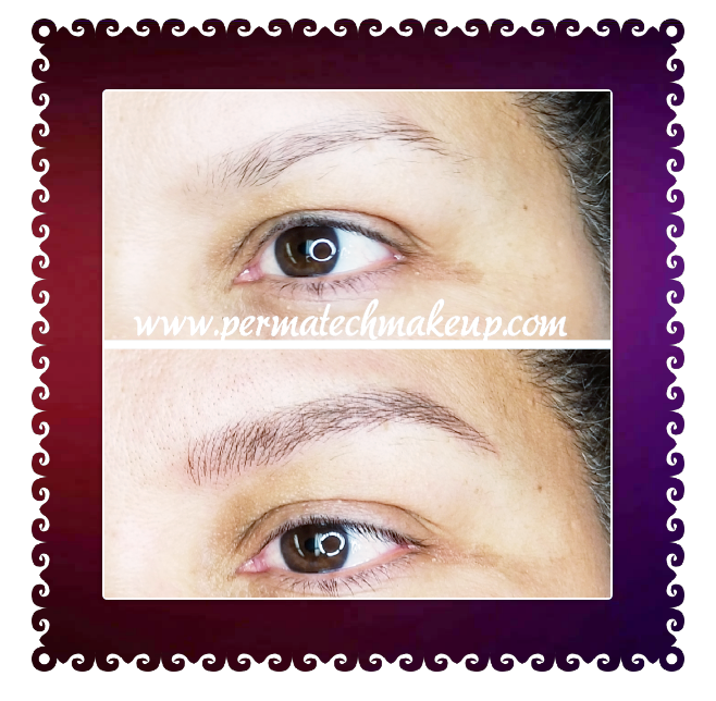 Eyebrow microblading before and after: upper brow is sparse, lower brow is filled with pigment.