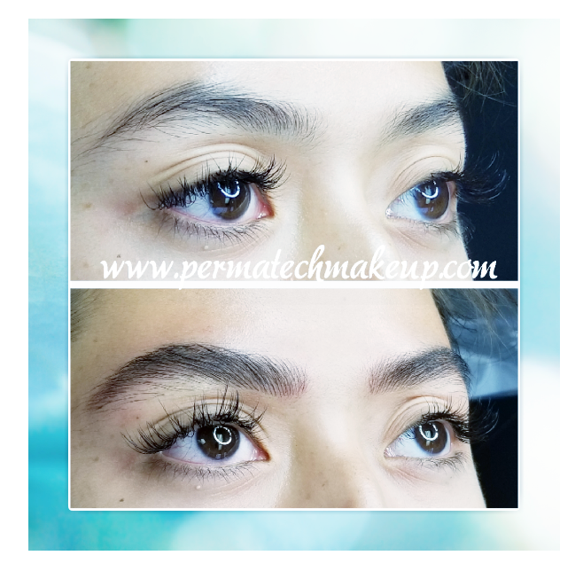 Comparison of eyes before and after eyebrow permanent makeup.