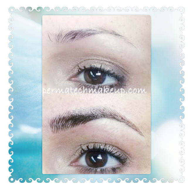 Before and after of eyebrow permanent makeup. Top shows sparse brows, bottom shows filled-in, darker brows.