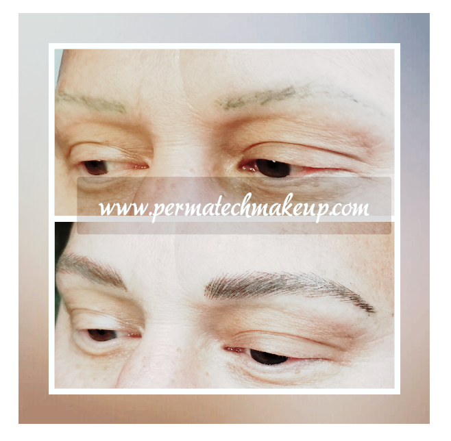 Before and after comparison of eyebrow permanent makeup.