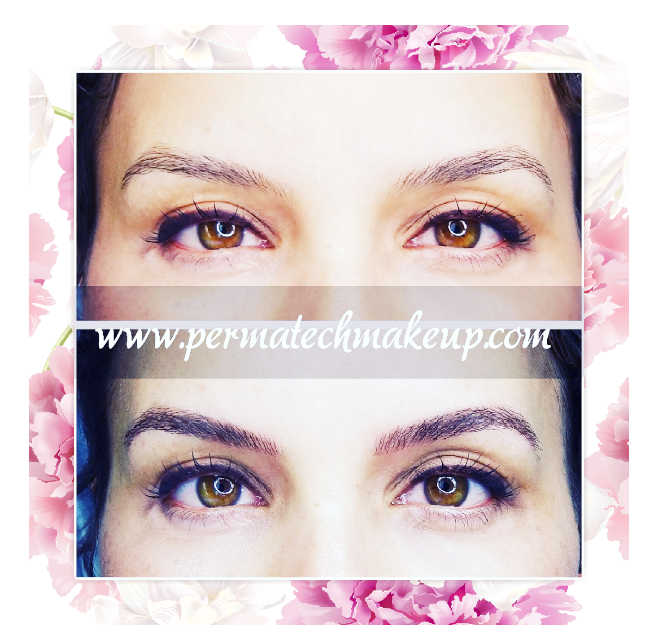 Comparison of eyebrows before and after permanent makeup.