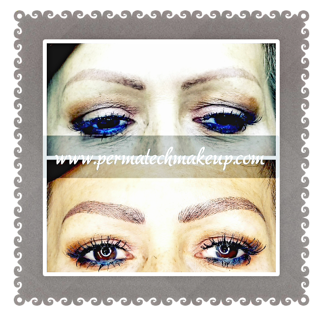 Comparison of before and after eyebrow micropigmentation; woman's eyes with light brown eyebrows.