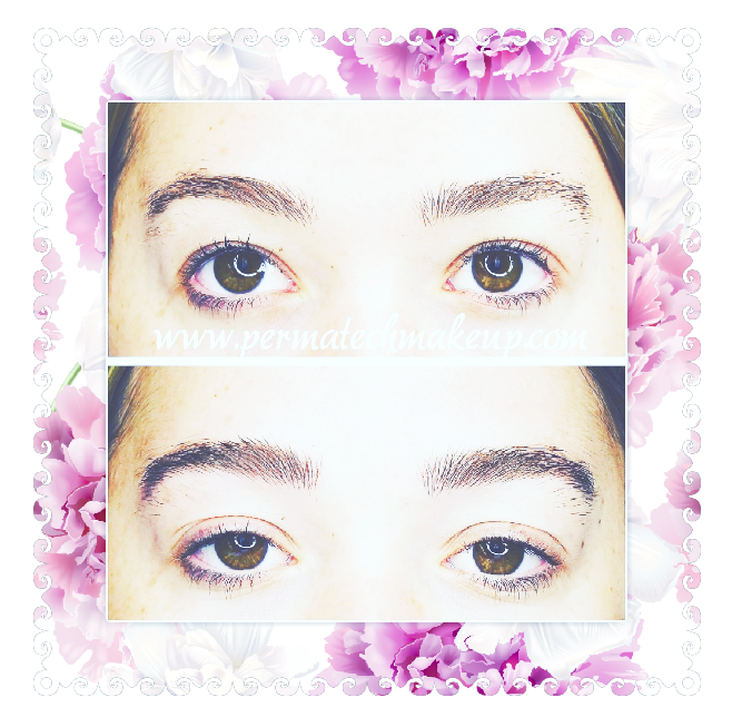 Comparison of eyes, before and after. Brown eyes with fuller brows in the 