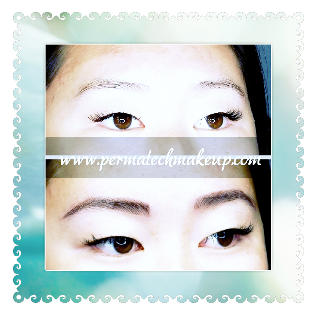 Before and after permanent makeup eyebrows. The top photo has sparse brows; the bottom, filled in with a darker pigment.