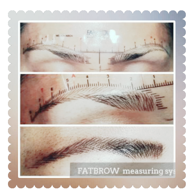 Three images showing eyebrow shaping with a measuring tool.