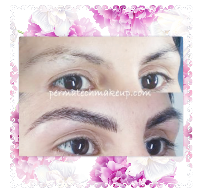 Before and after permanent makeup eyebrows: lighter eyebrows become darker and fuller.