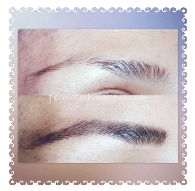 Comparison of two eyebrows: one sparse, one filled in with dark pigment.